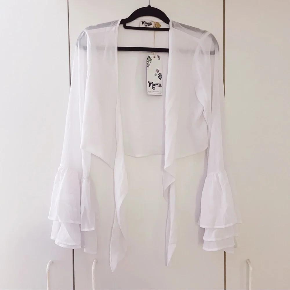NWT SHOW ME YOUR MUMU Cute White Deep V Tie-Front Blouse Top Flounce Sleeve New - Picture 4 of 6